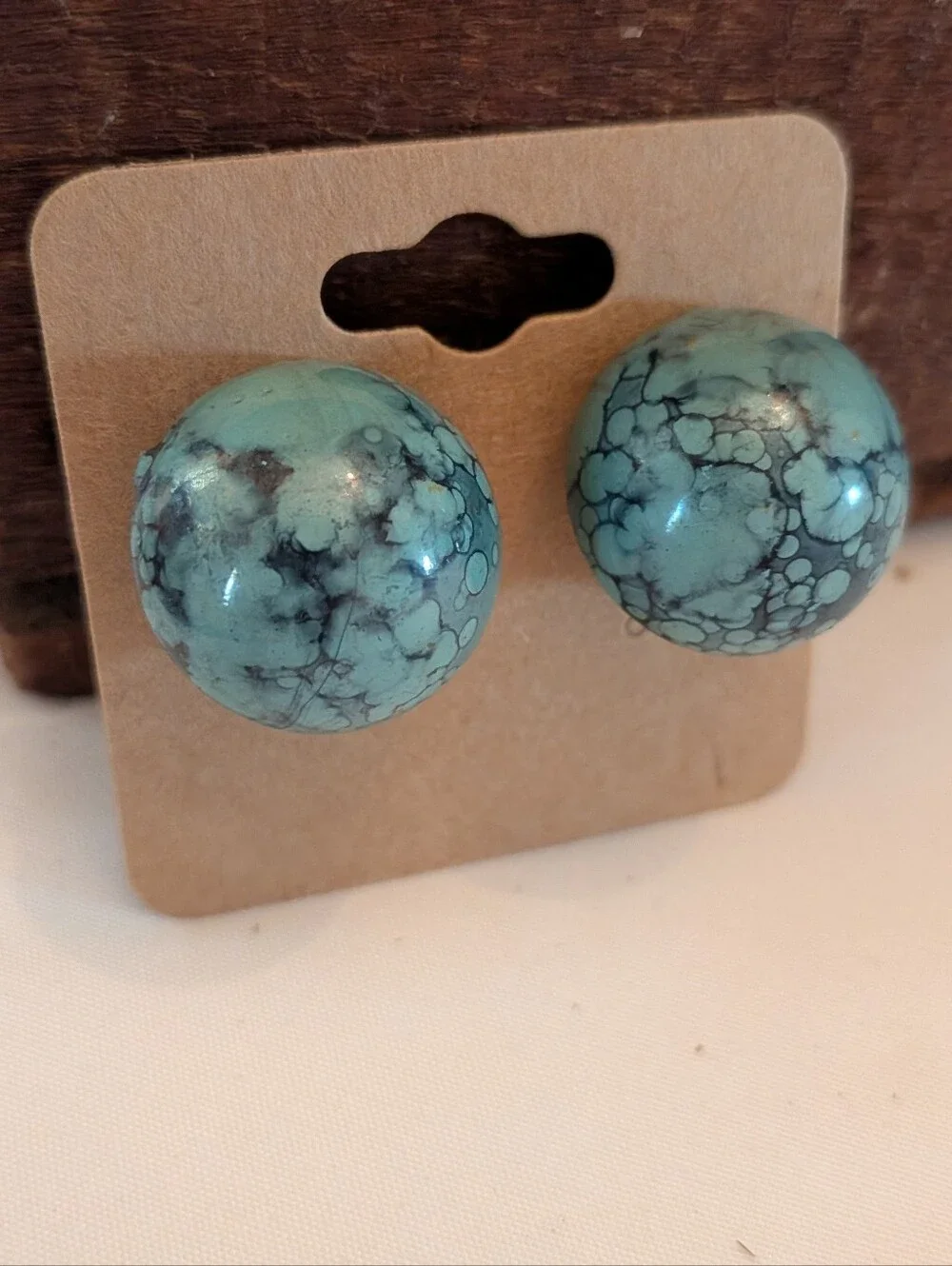 Vintage Turquoise Patterned Round Clip On Earrings - Blue
